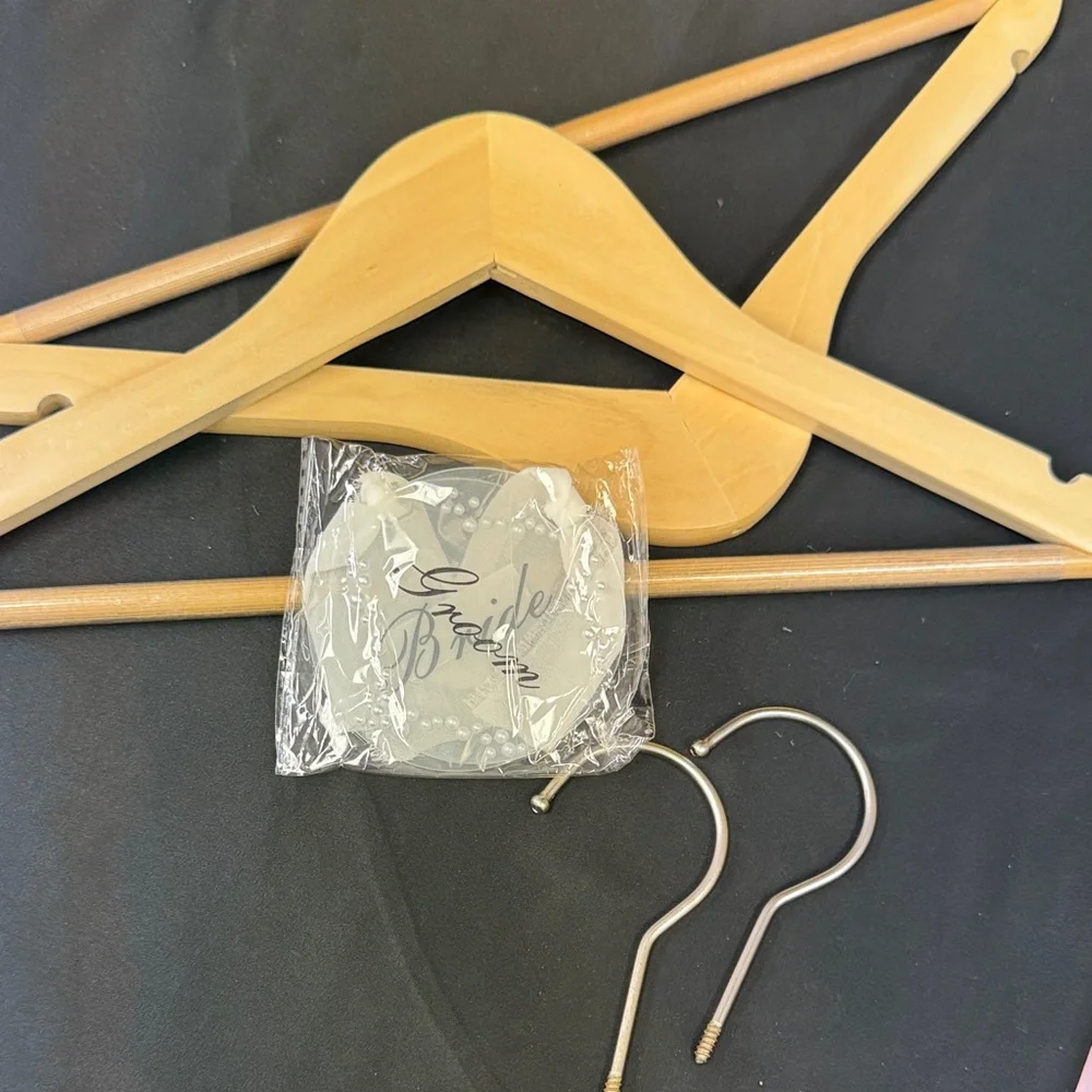 Bride and Groom Elegant Wooden Hangers Set with Silver Hooks hanging tags new